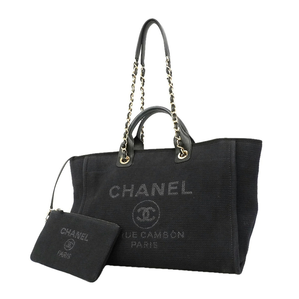 Chanel Deauville Canvas Chain Tote Bag, Black/Champagne, 2-way bag for women,...